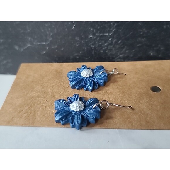 Polymer Clay Blue And Silver Floral Dangling Pierced Earrings New - Picture 4 of 10
